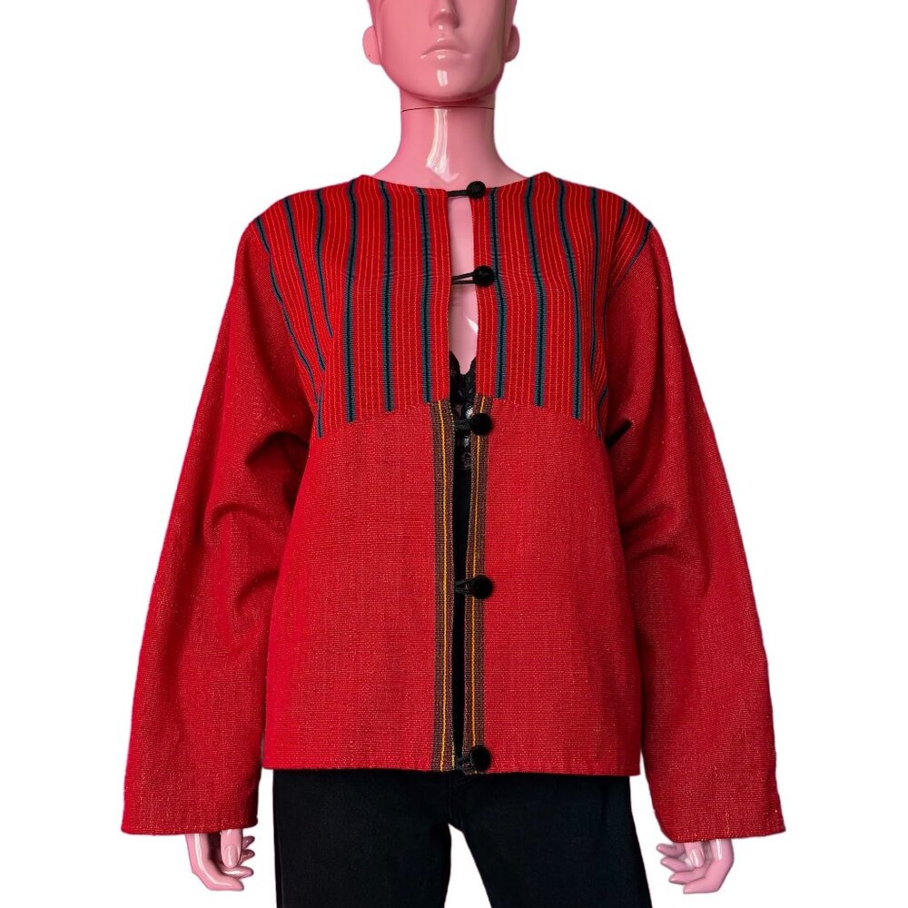 Vintage 90s XL Guatemalan Jacket Red Multicolor Handwoven Stripes Velvet Buttons